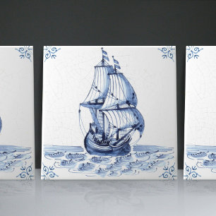 Delft Blue Dutch Style Frigate Schooner Sail Boat Tegeltje