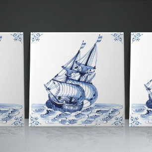 Delft Blue Dutch Style Frigate Schooner Sail Boat Tegeltje