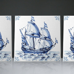 Delft Blue Dutch Style Frigate Schooner Sail Boat Tegeltje