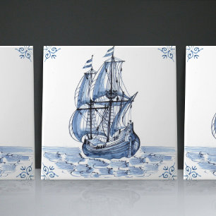 Delft Blue Dutch Style Frigate Schooner Sail Boat Tegeltje