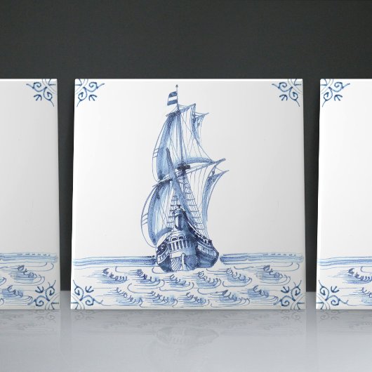 Delft Blue Dutch Style Frigate Schooner Sail Boat Tegeltje