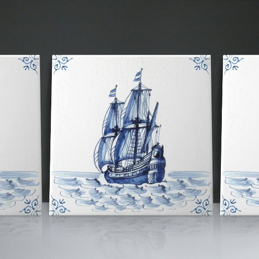 Delft Blue Dutch Style Frigate Schooner Sail Boat Tegeltje
