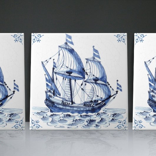 Delft Blue Dutch Style Frigate Schooner Sail Boat Tegeltje