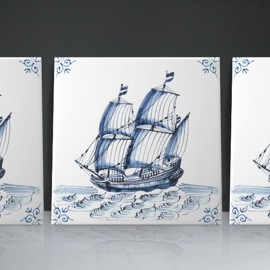 Delft Blue Dutch Style Frigate Schooner Sail Boat Tegeltje