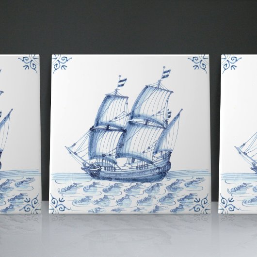 Delft Blue Dutch Style Frigate Schooner Sail Boat Tegeltje