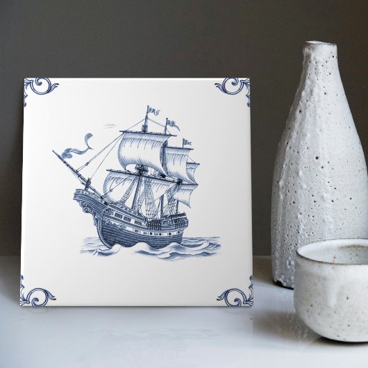 Delft Blue Dutch Style Frigate Schooner Sail Boat Tegeltje