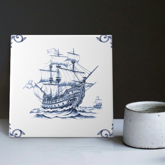 Delft Blue Dutch Style Frigate Schooner Sail Boat Tegeltje