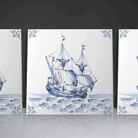 Delft Blue Dutch Style Frigate Schooner Sail Boat Tegeltje