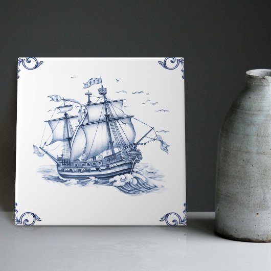 Delft Blue Dutch Style Frigate Schooner Sail Boat Tegeltje