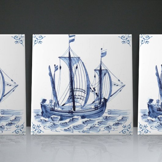 Delft Blue Dutch Style Frigate Schooner Sail Boat Tegeltje