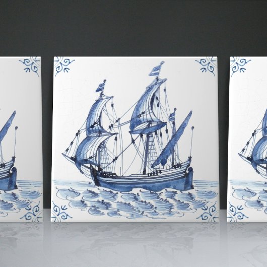 Delft Blue Dutch Style Frigate Schooner Sail Boat Tegeltje