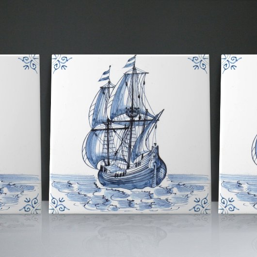 Delft Blue Dutch Style Frigate Schooner Sail Boat Tegeltje