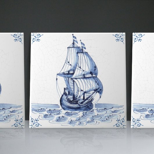 Delft Blue Dutch Style Frigate Schooner Sail Boat Tegeltje