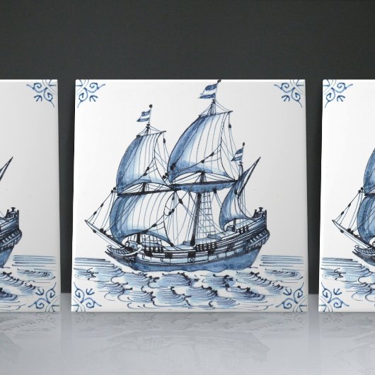 Delft Blue Dutch Style Frigate Schooner Sail Boat Tegeltje