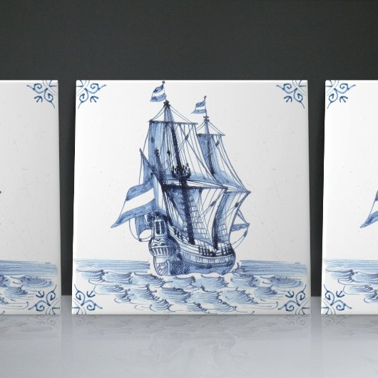Delft Blue Dutch Style Frigate Schooner Sail Boat Tegeltje