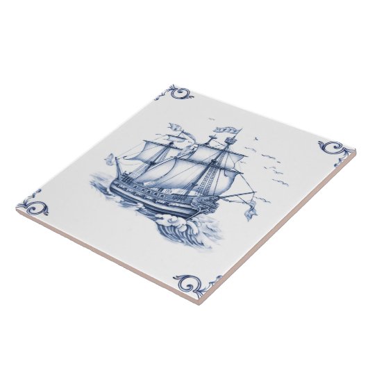 Delft Blue Dutch Style Frigate Schooner Sail Boat Tegeltje (Zijkant)