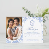 Delft Blue Floral Chinoiserie Monogram Wedding Bedankkaart (Staand voorkant)
