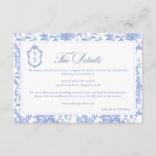 Delft Blue Floral Chinoiserie Monogram Wedding Informatiekaartje (Voorkant)