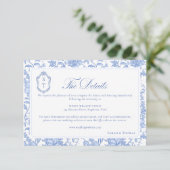 Delft Blue Floral Chinoiserie Monogram Wedding Informatiekaartje (Staand voorkant)
