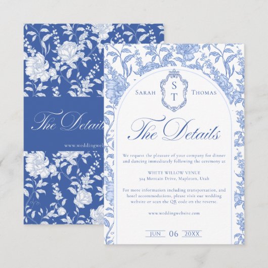 Delft Blue Floral Chinoiserie Monogram Wedding Informatiekaartje (Voorkant / Achterkant)