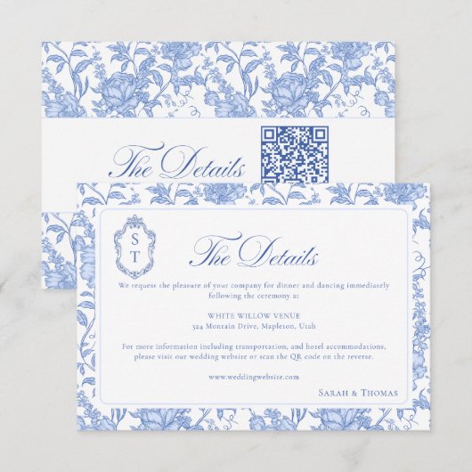 Delft Blue Floral Chinoiserie Monogram Wedding Informatiekaartje (Voorkant / Achterkant)