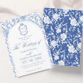 Delft Blue Floral Chinoiserie Monogram Wedding Kaart
