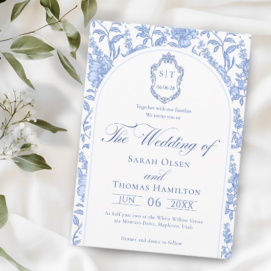 Delft Blue Floral Chinoiserie Monogram Wedding Kaart