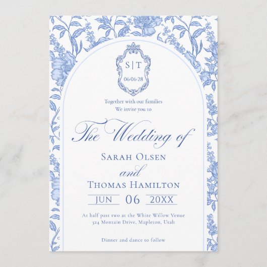 Delft Blue Floral Chinoiserie Monogram Wedding Kaart (Voorkant)