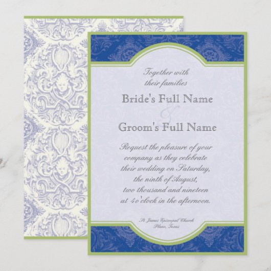 Delft Blue Green Toile Quatrefoil - Weddenschap Kaart (Voorkant / Achterkant)