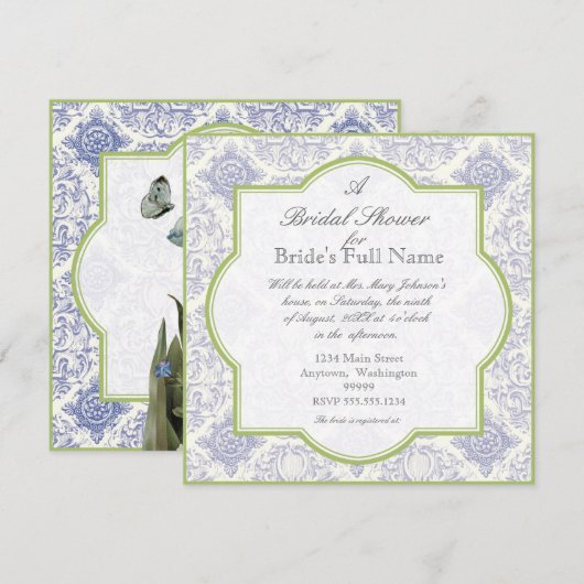 Delft Blue Iris Quatrefoil - Vrijgezellenfeest Inv Kaart (Voorkant / Achterkant)