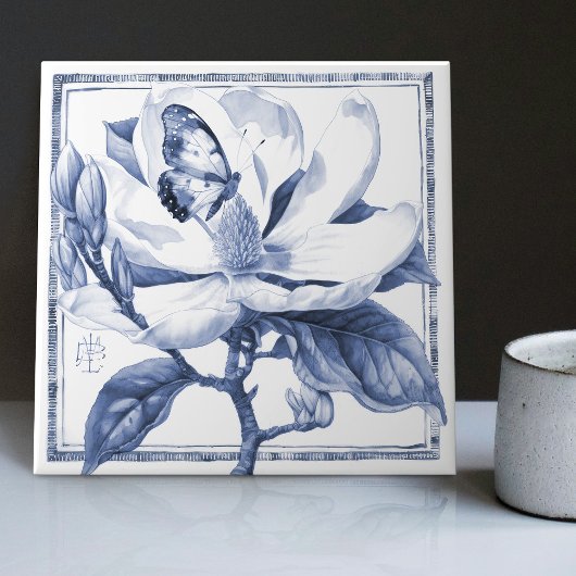 Delft Blue Magnolia Decor Art Nouveau Waterverf Tegeltje