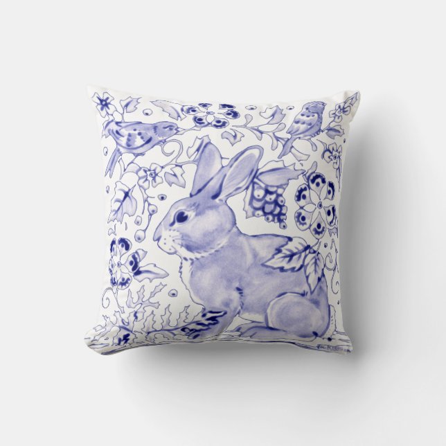 Delft Blue White Bunny Rabbit Birds Dedham Elegant Kussen (Voorkant)