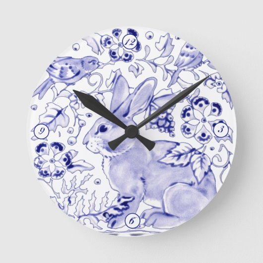Delft Blue White Bunny Rabbit Birds Dedham Elegant Ronde Klok (Voorkant)