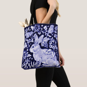 Delft Blue White Bunny Rabbit Birds Rustiham Dedha Tote Bag