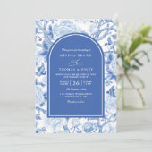Delft Blue White Chinois Floral QR Code Wedding Kaart (Staand voorkant)
