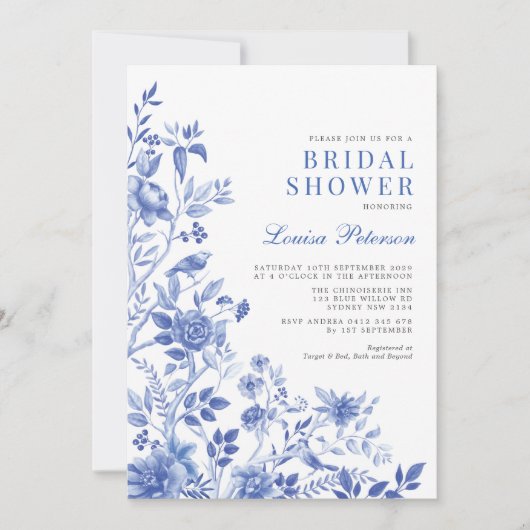 Delft Blue White Chinoiserie Floral Vrijgezellenfe Kaart (Voorkant)