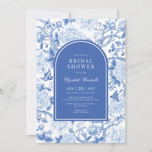 Delft Blue White Chinoiserie Floral Vrijgezellenfe Kaart (Voorkant)