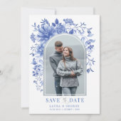 Delft Blue White Floral Chinoiserie Save the Date Kaart (Voorkant)