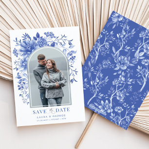 Delft Blue White Floral Chinoiserie Save the Date Kaart