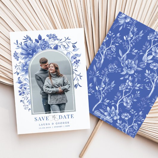 Delft Blue White Floral Chinoiserie Save the Date Kaart
