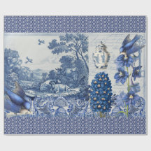 Delft Blue White Flower Bird Collage Decoupage
