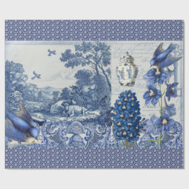 Delft Blue White Flower Bird Collage Decoupage Cadeaupapier