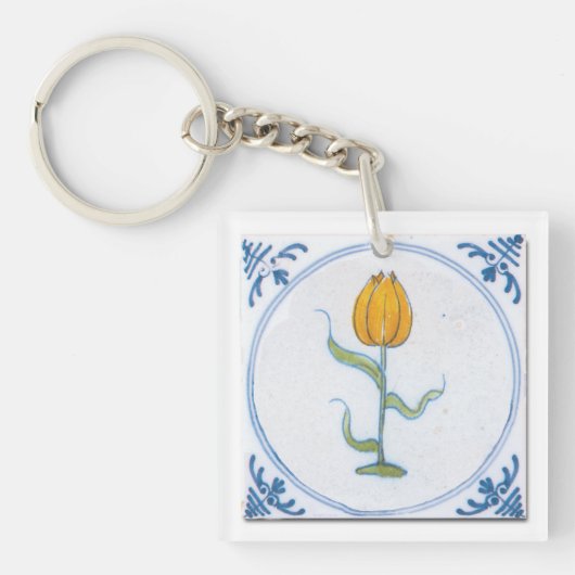 Delft Blue White Yellow Tulip Faux Tile Sleutelhanger (voorkant)