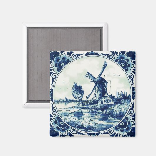 Delft Blue  Windmill en Farmhouse Painting Magneet (Voorkant / Achterkant)