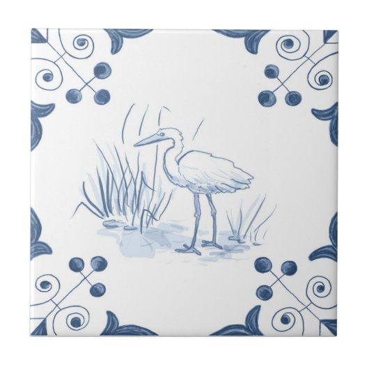 Delft Crane Tile met Scroll Corners Tegeltje (Voorkant)