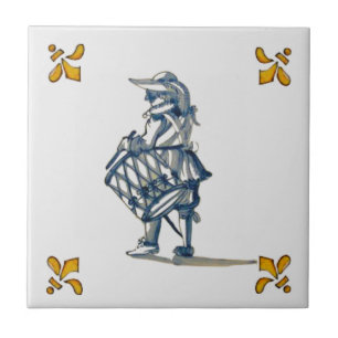 Delft Drummer Tile c 1890 in Blue, Grey & Yellow Tegeltje