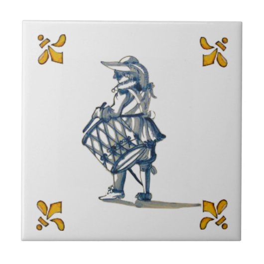 Delft Drummer Tile c 1890 in Blue, Grey & Yellow Tegeltje (Voorkant)