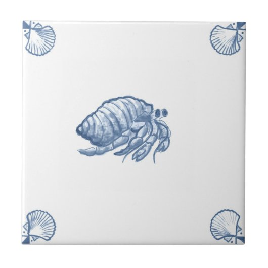 Delft Hermit Crab Tile met Shell Corners Tegeltje (Voorkant)