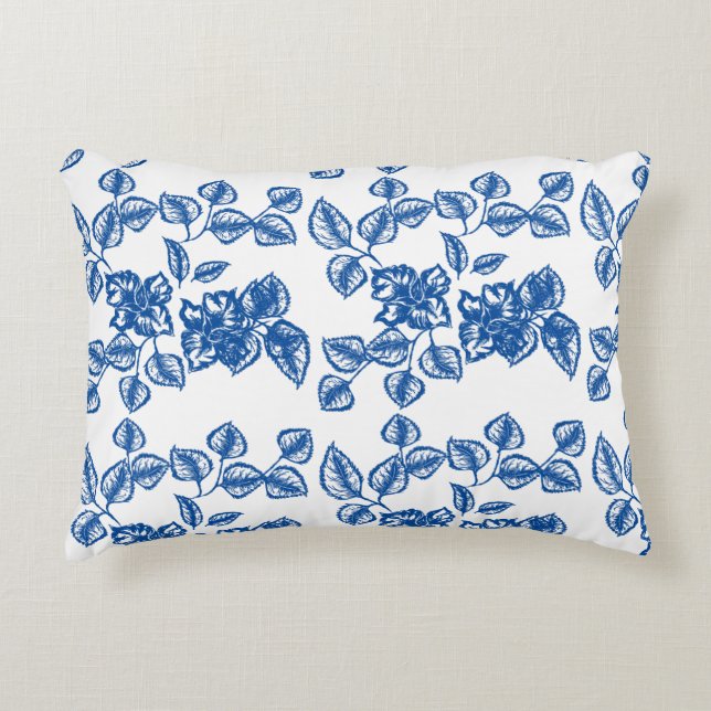 Delft-LIke Blue Floral Print Accent Kussen (Voorkant)