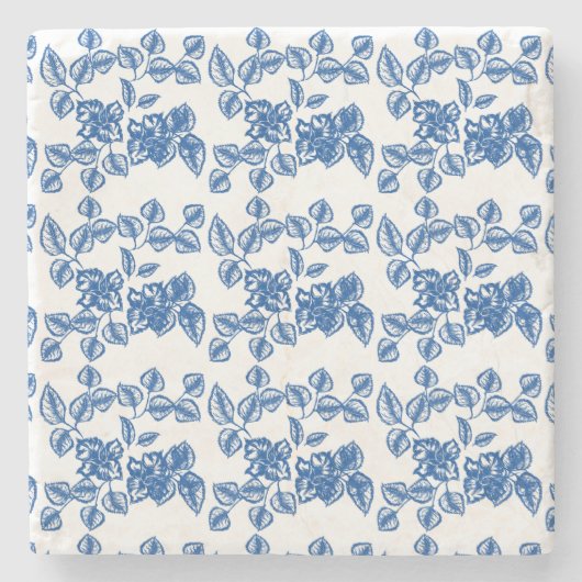 Delft-LIke Blue Floral Print Stenen Onderzetter (Voorkant)